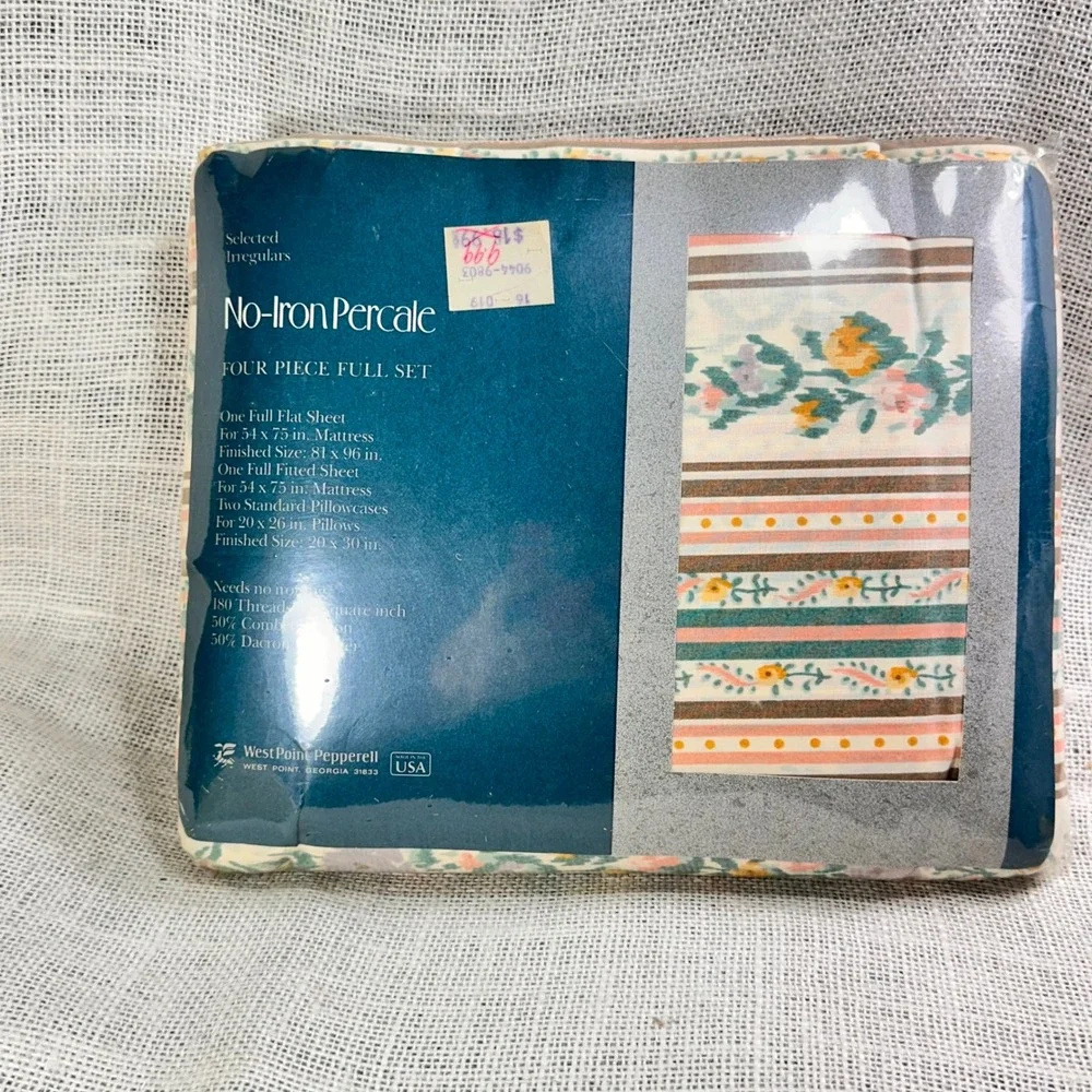 Vintage WestPoint Pepperell Full Sheet Set Floral Stripe Percale NOS USA 4 Pc